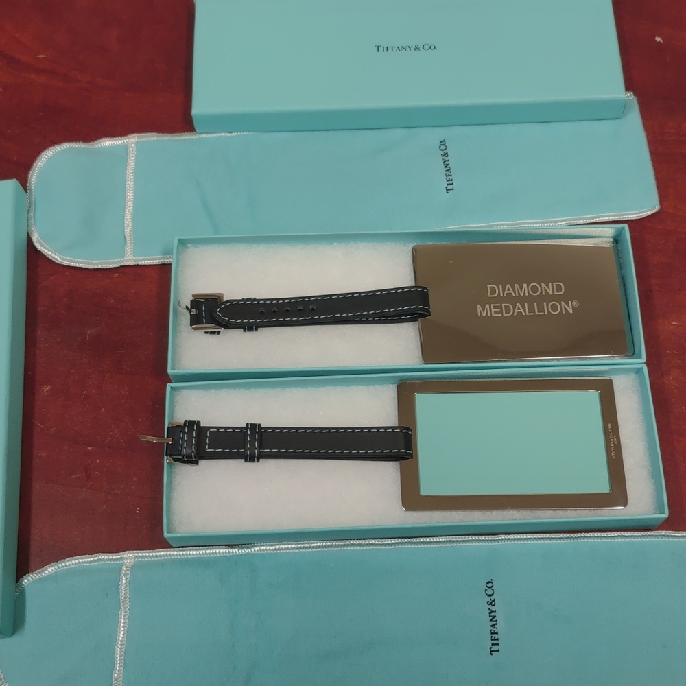 Tiffany & Co. Diamond Medallion Silver and Leather Luggage Tags